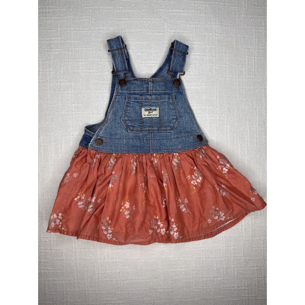 OshKosh Overall Dress Baby Girls 18M Coral Cotton Denim Floral Bib Skirt Jumper